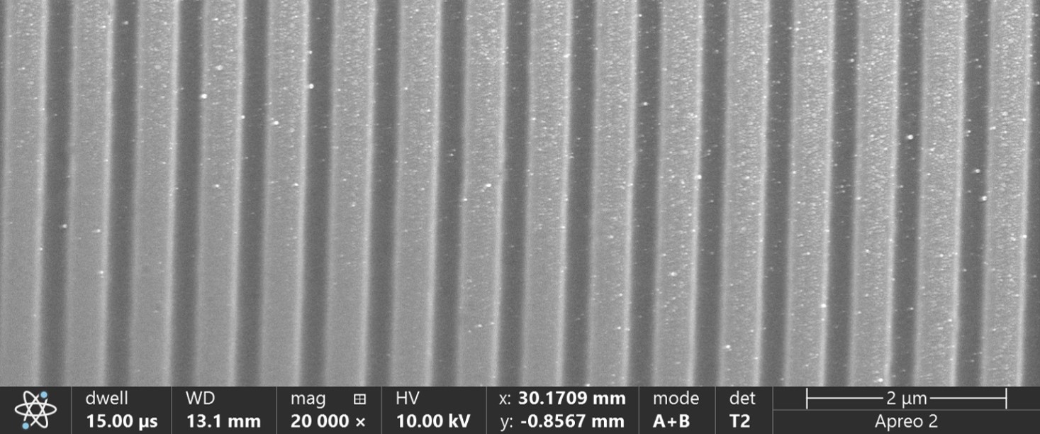 Interference patterning on glass with sub-micrometre structure spacing.